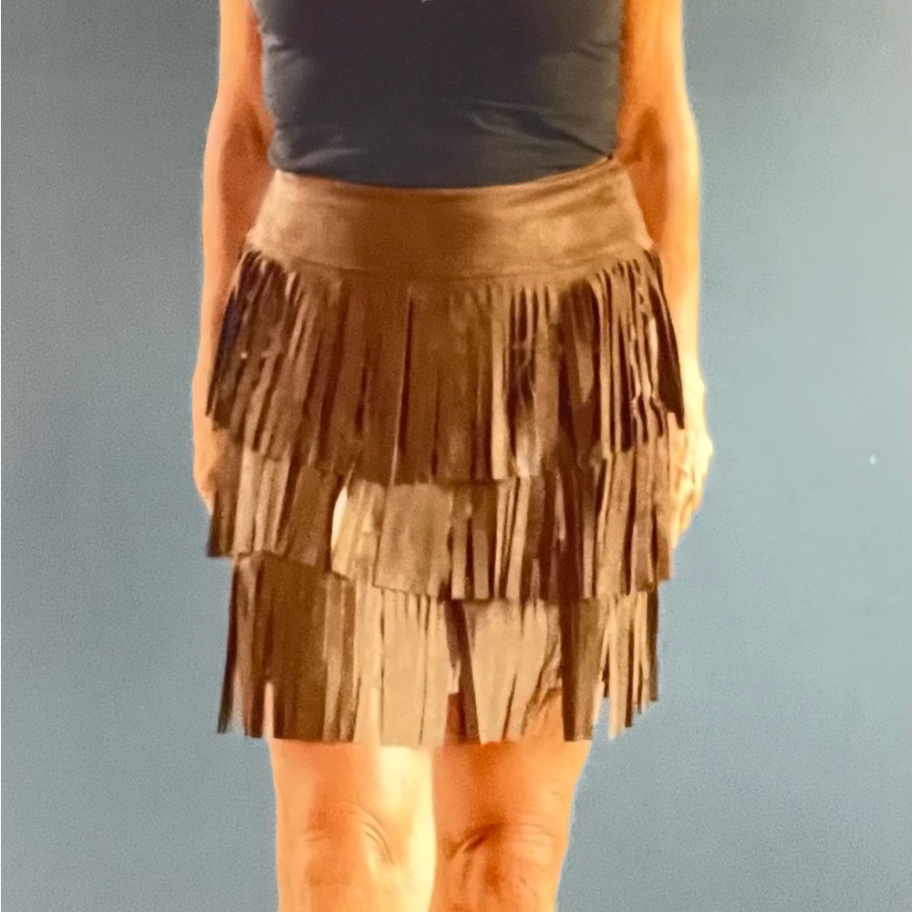 Chocolate brown Boho Fringe Skirt Suede Leather